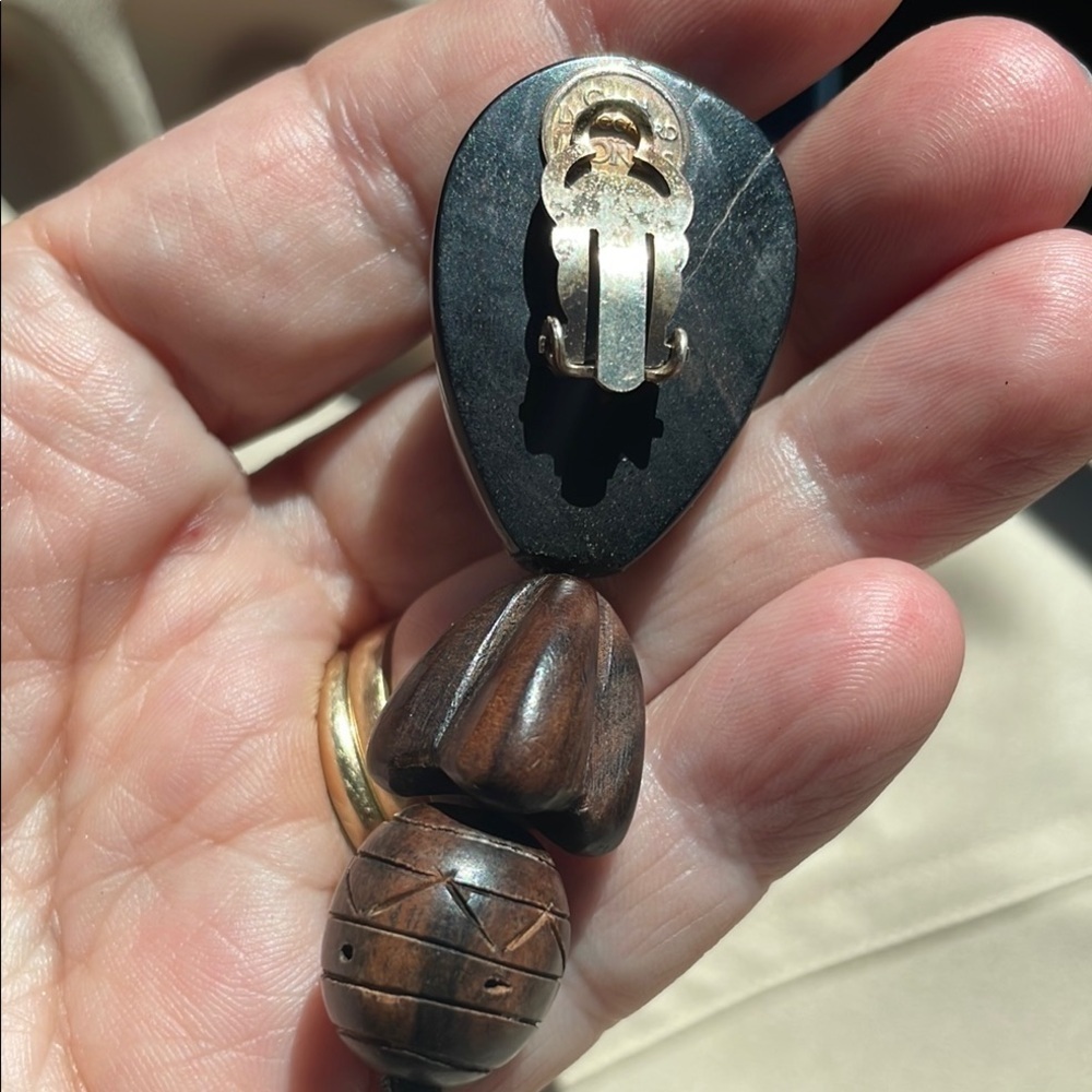 Vintage Monies Gerda Lynggaard Ebony Wood Drop Black Brown Dangle Clip Earrings - Picture 6 of 6